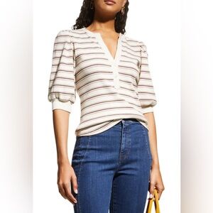 NWOT Veronica Beard Striped Ribbed Puff Mid Sleeve V-neck Henley Shirt Sz Medium